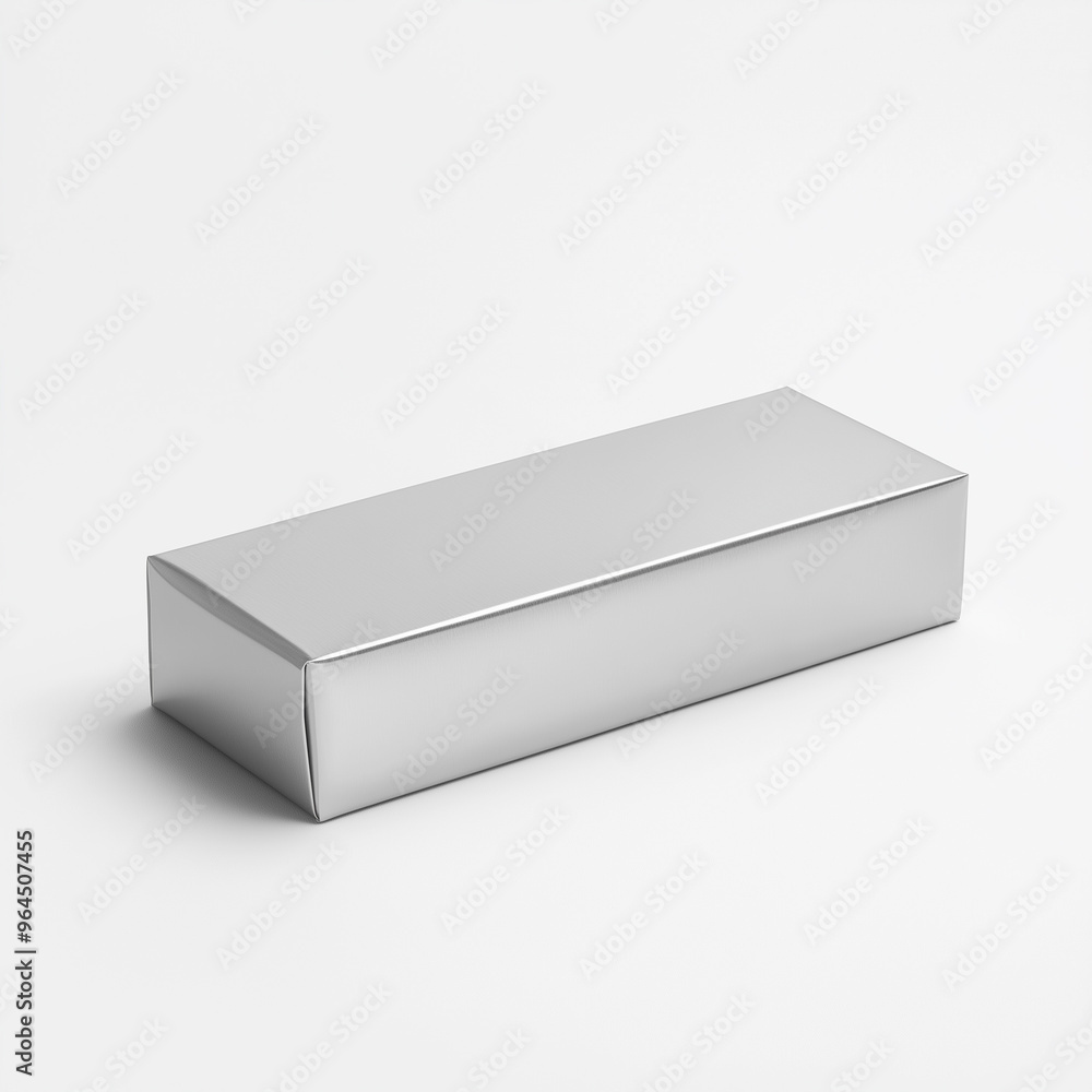 Front side, luxury smooth foil mettalize Rectangle Paper Box mock up standing on white background