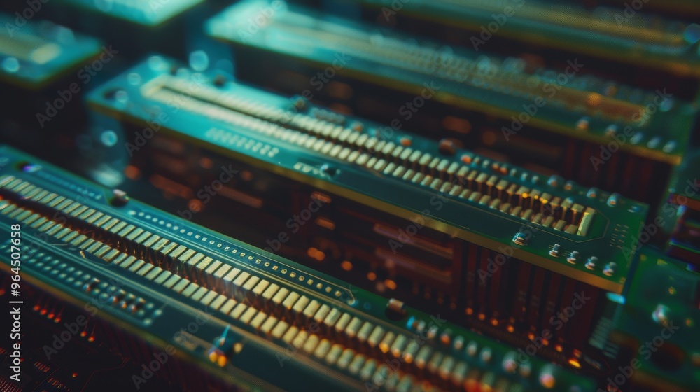 Close-up shot of computer circuit boards with intricate gold and green patterns, showcasing modern technology in high detail. Close-up shot of computer circuit boards with intricate gold and green patterns, showcasing modern technology in high detail.