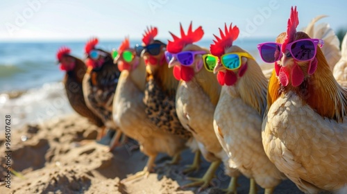 Beachfront chickens in colorful sunglasses, funny farm animals enjoying sand, beach vibes concept