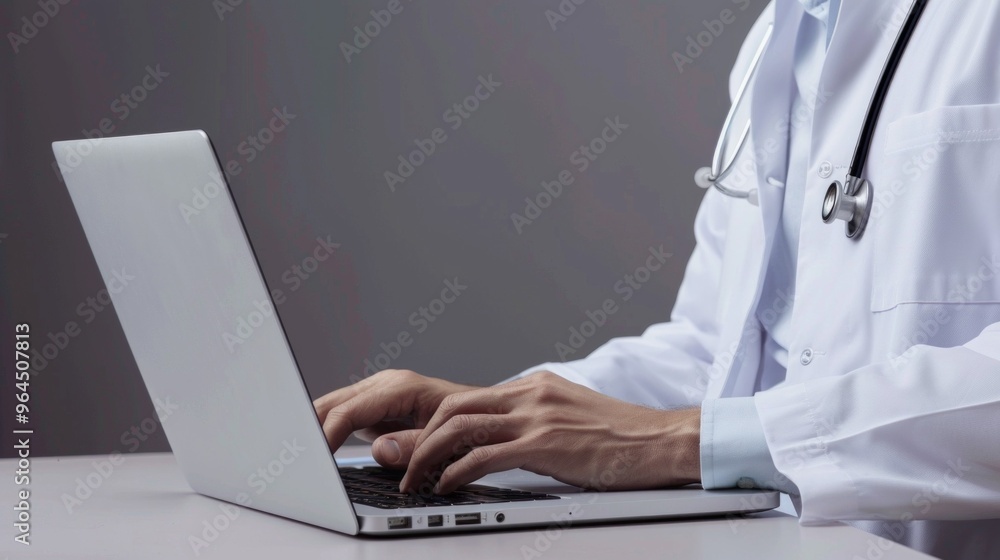 Doctor working on laptop, medical professional using computer, healthcare technology, stethoscope, medicine concept Doctor working on laptop, medical professional using computer, healthcare technology, stethoscope, medicine concept