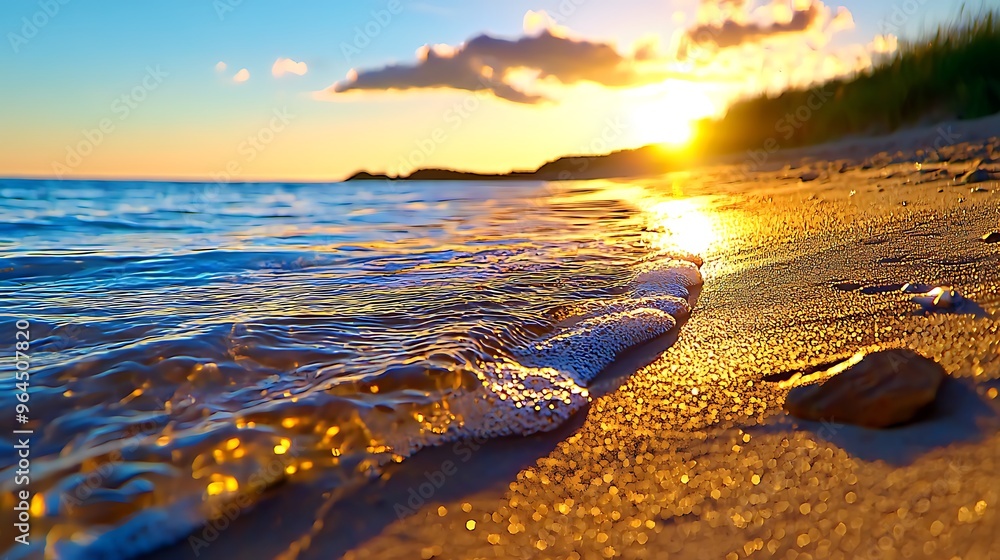 Obraz premium Golden light bathes calm ocean waves and sandy beaches, a serene sunset scene.