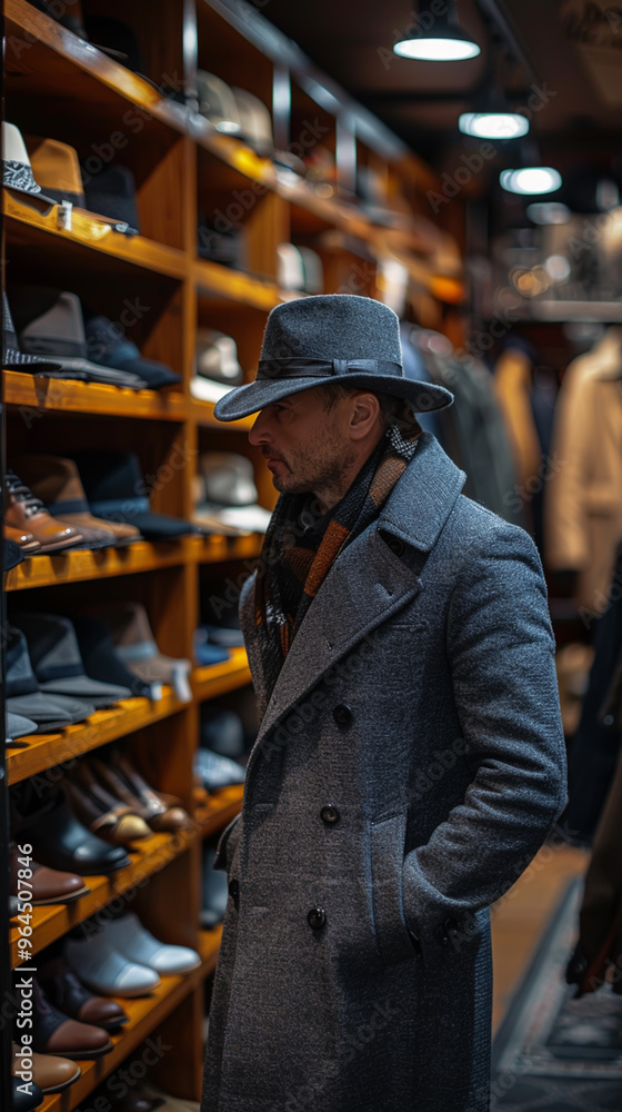 Stylish Man Shopping for Hats and Coats in Fashionable Clothing Store Stylish Man Shopping for Hats and Coats in Fashionable Clothing Store