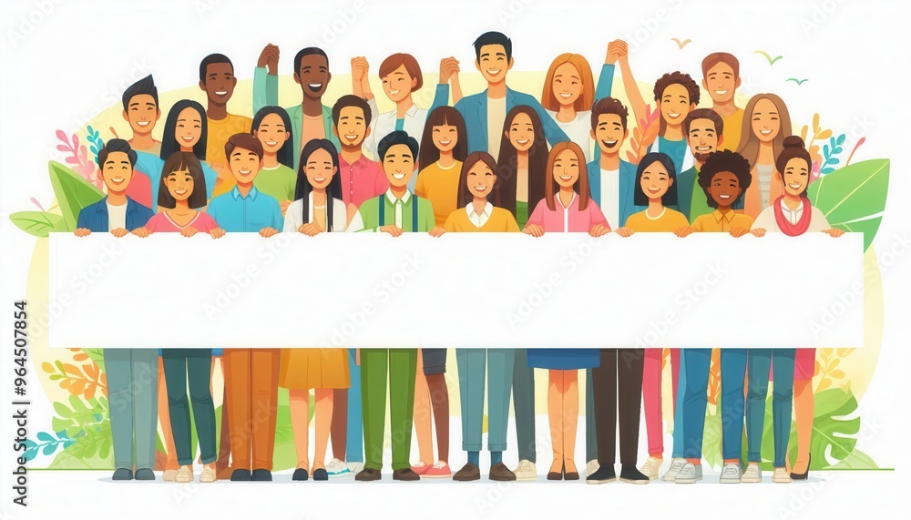 A diverse group of people united in celebration, holding a blank banner. Ideal for illustrating teamwork, community, and inclusivity in business and marketing materials. A diverse group of people united in celebration, holding a blank banner. Ideal for illustrating teamwork, community, and inclusivity in business and marketing materials.