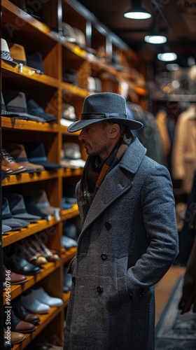 Stylish Man Shopping for Hats and Coats in Fashionable Clothing Store