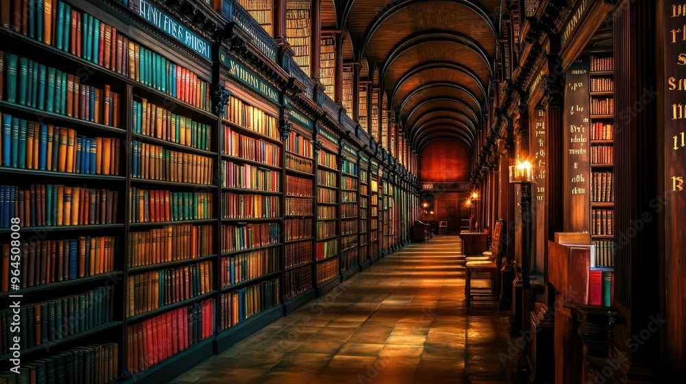 custom made wallpaper toronto digitalRows of tall, wooden bookshelves filled with colorful books in a grand library, with an aisle leading to a cozy reading corner with a chair and a lamp.