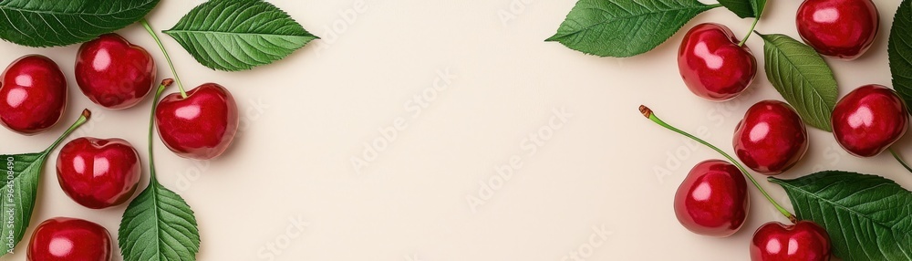 Fresh ripe cherries with green leaves arranged on a beige background, perfect for food and nature-themed designs. Fresh ripe cherries with green leaves arranged on a beige background, perfect for food and nature-themed designs.