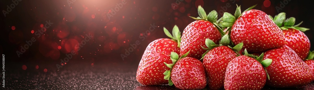 Fresh ripe strawberries arranged on a dark background with a soft light, highlighting their vibrant red color and freshness. Fresh ripe strawberries arranged on a dark background with a soft light, highlighting their vibrant red color and freshness.