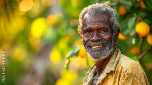 Portrait of a Mature Man Smiling Amidst Lush Orange Grove in Warm Sunlight