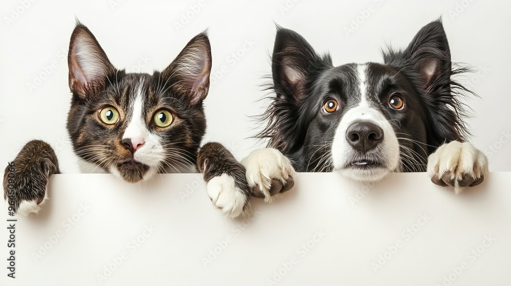 A funny picture of a cat and a border collie dog. The dog has its paws hanging over a blank white space. The image is isolated against a white background. A funny picture of a cat and a border collie dog. The dog has its paws hanging over a blank white space. The image is isolated against a white background.