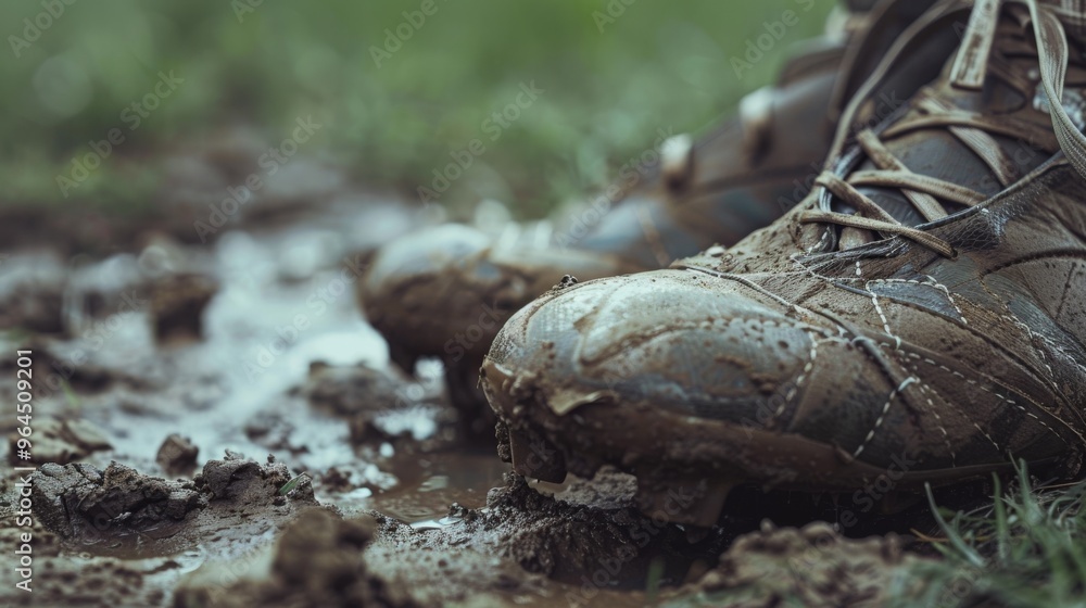 Muddy soccer cleats sink into the wet ground, capturing a moment of the sport's authenticity and raw connection with the earth. Muddy soccer cleats sink into the wet ground, capturing a moment of the sport's authenticity and raw connection with the earth.