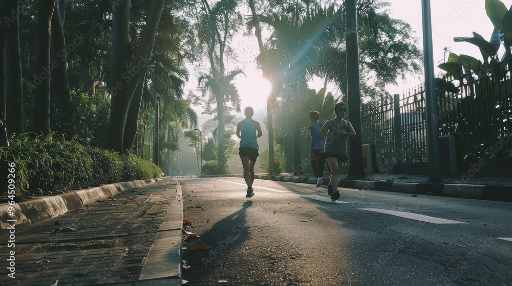 Joggers run along a tree-lined and sun-dappled path early in the morning, embracing a healthy start to the day amid nature. Joggers run along a tree-lined and sun-dappled path early in the morning, embracing a healthy start to the day amid nature.