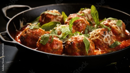 A close-up of turkey meatballs simmering in a rich tomato sauce, with a sprinkle of fresh basil and Parmesan cheese, showcasing a hearty and comforting dish.