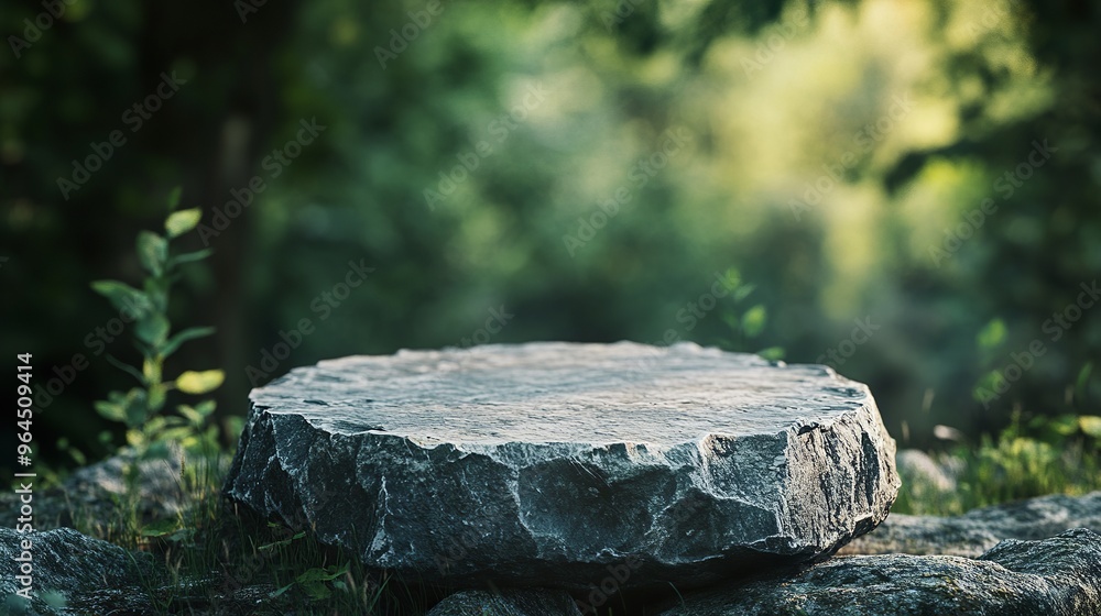 A gray stone pedestal sits on a rocky platform, surrounded by a green, blurry forest. It's perfect for showcasing products in a natural setting.