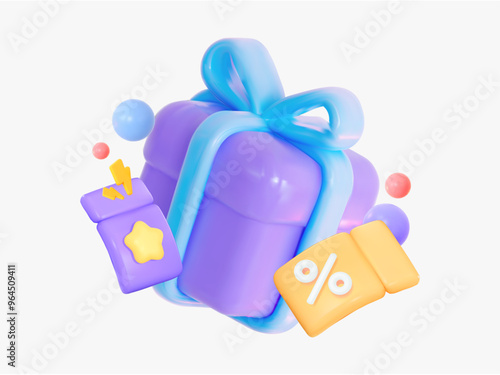 Cute purple gift box with a blue bow with coupons for various discounts, sales
