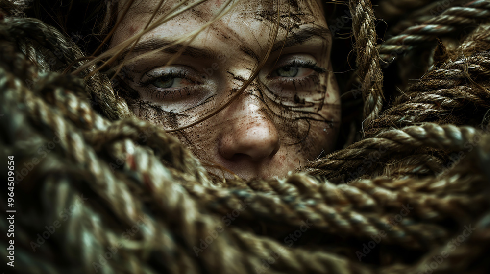 Close-Up Portrait of Woman with Muddy Face Tangled in Ropes: Raw Emotion and Survival Close-Up Portrait of Woman with Muddy Face Tangled in Ropes: Raw Emotion and Survival