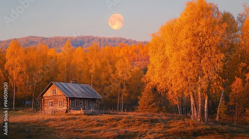 A serene autumn evening landscape featuring a glowing harvest moon and a sunlit cabin, set against a tranquil backdrop of warm fall colors. 