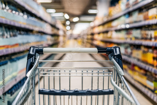 view of shopping cart in supermarket aisle