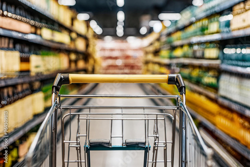 view of shopping cart in supermarket aisle