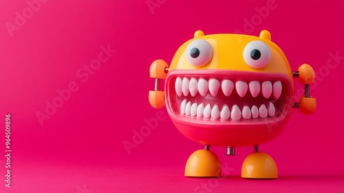 Nostalgic wind-up toy with chattering teeth against a vibrant pink backdrop, offering ample space for your text or design.  photo