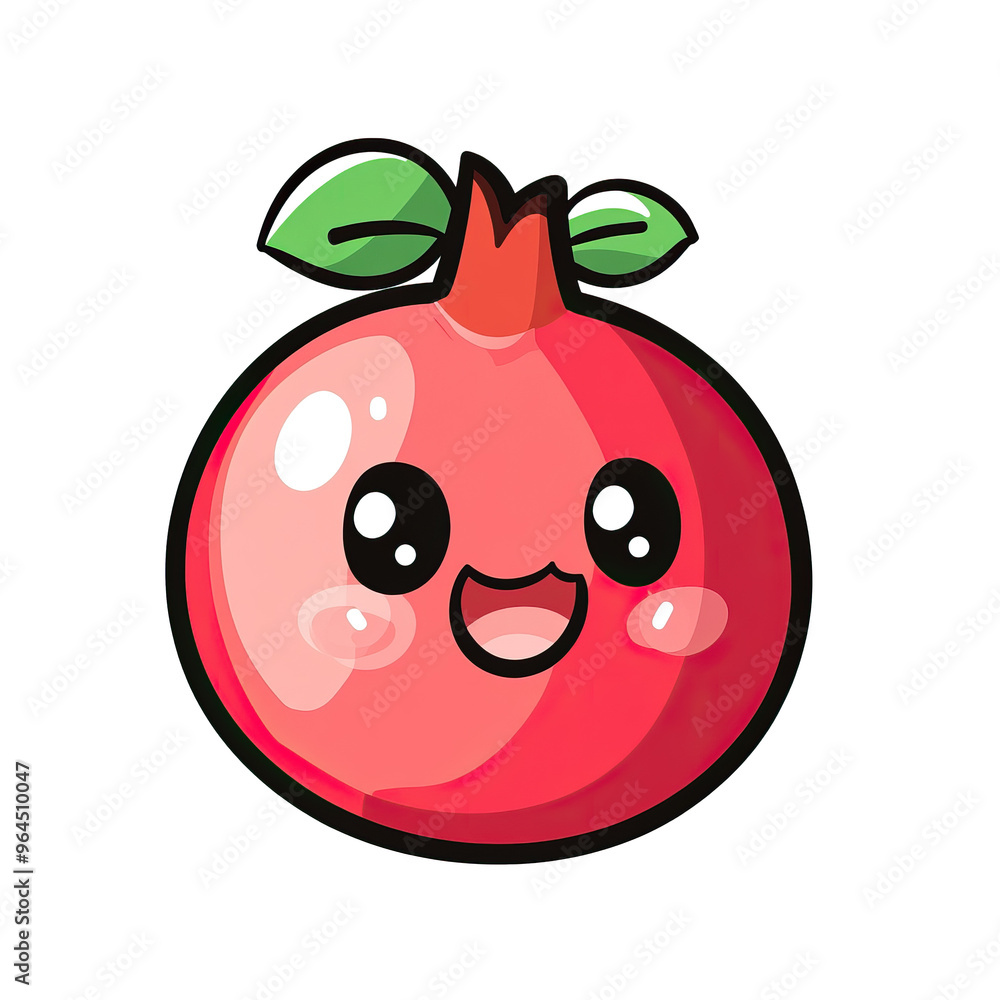 Obraz premium An adorable digital illustration of a pomegranate character with green leaves, a happy face, and rosy cheeks, perfect for cheerful and vibrant designs.