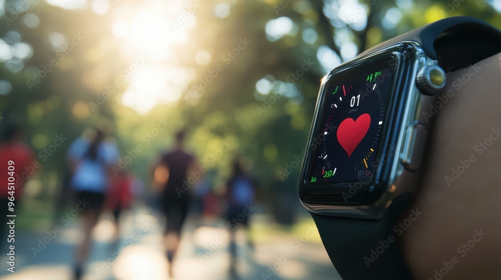 Close-up of a fitness tracker showing heart rate during meditation, blurred outdoor park setting, natural light, photorealistic. Close-up of a fitness tracker showing heart rate during meditation, blurred outdoor park setting, natural light, photorealistic.