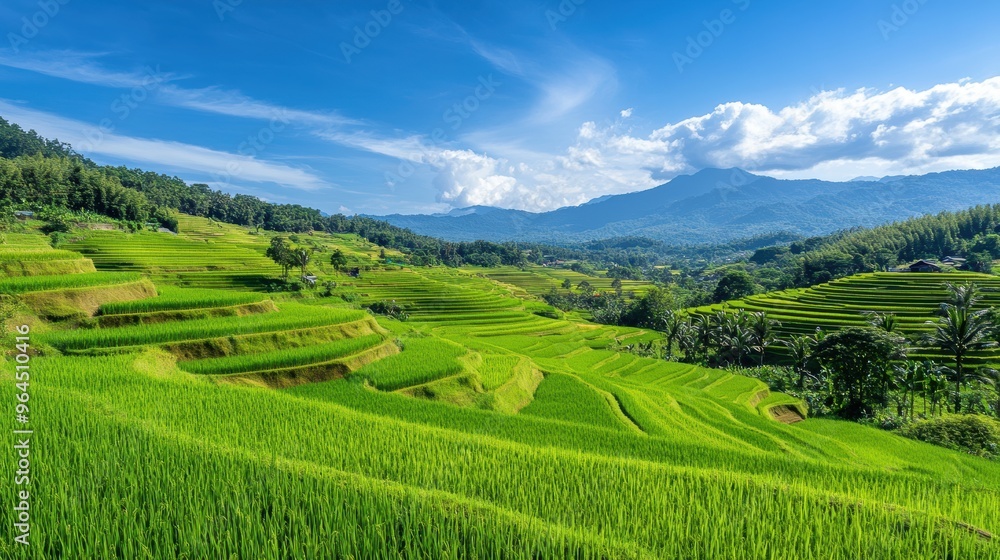 Fototapeta premium Serene Rice Terrace Landscape with Distant Mountains and Blue Sky