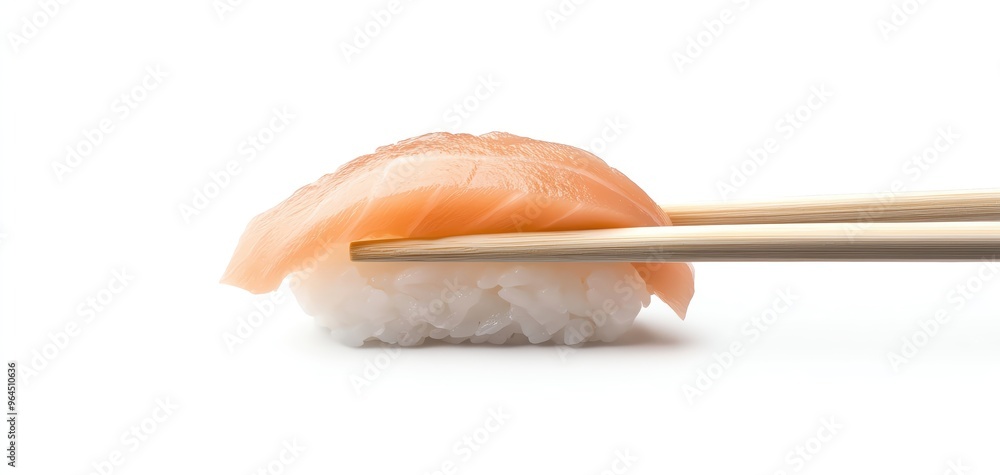 A close-up of a delicious sushi piece held with chopsticks, showcasing its fresh salmon topping on rice, perfect for food lovers. A close-up of a delicious sushi piece held with chopsticks, showcasing its fresh salmon topping on rice, perfect for food lovers.