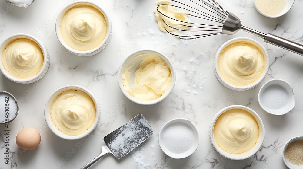 Whipped Cream Dessert Recipe Ingredients in White Bowls on Marble Background Whipped Cream Dessert Recipe Ingredients in White Bowls on Marble Background