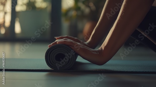 Woman's hands rolling up a yoga mat, clean minimalist gym setting, soft lighting, sharp focus on hands, warm tones.