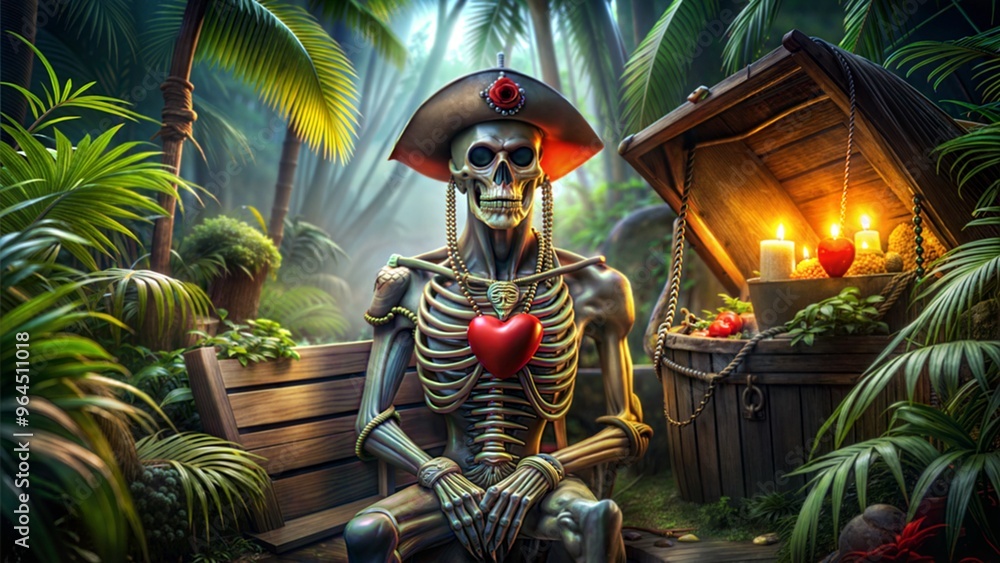 The skeleton of a pirate captain with burning eyes and a heart in a mystical forest scene The skeleton of a pirate captain with burning eyes and a heart in a mystical forest scene