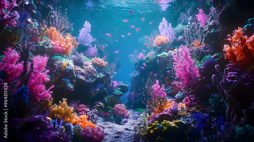 Fototapeta premium Mesmerizing Glowing Coral Reef Underwater Scene with Vibrant Colors and Marine Life