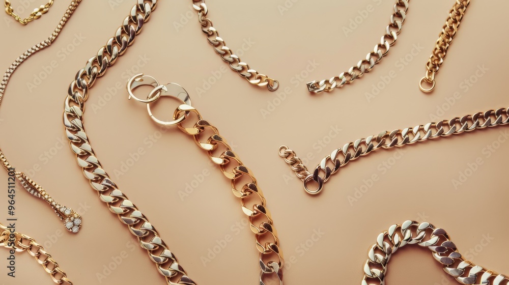 Various stylish gold chains and bracelets artistically arranged on a light beige surface, showcasing their elegance and detail. Various stylish gold chains and bracelets artistically arranged on a light beige surface, showcasing their elegance and detail.