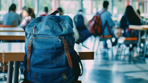 Wallpaper Mural Inside a bustling study hall, a blue backpack rests on a wooden table as students engage in various activities, creating a lively academic atmosphere. Torontodigital.ca