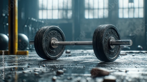 Close-up of a barbell loaded with weights, chalk dust visible on the bar, gritty gym floor in the background, photorealistic, intense detail. photo