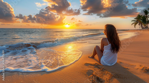 Woman Enjoying Tropical Sunset on Sandy Beach with Ocean Waves and Palm Trees photo