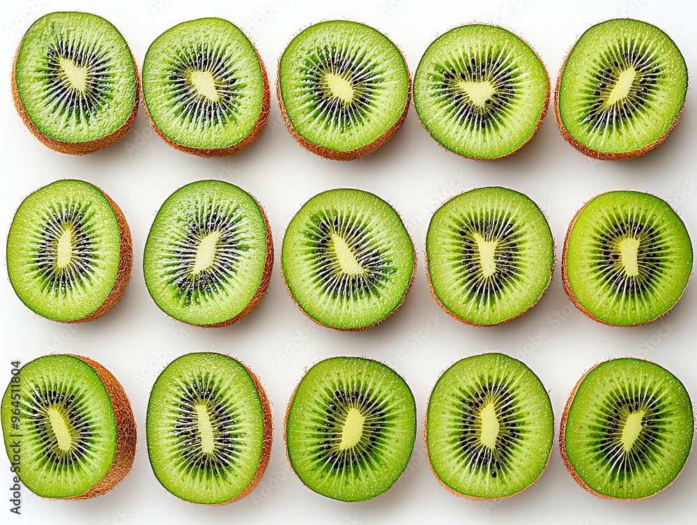 a whole view of multiple kiwis arranged on isolated white background, view from above, editorial photography a whole view of multiple kiwis arranged on isolated white background, view from above, editorial photography