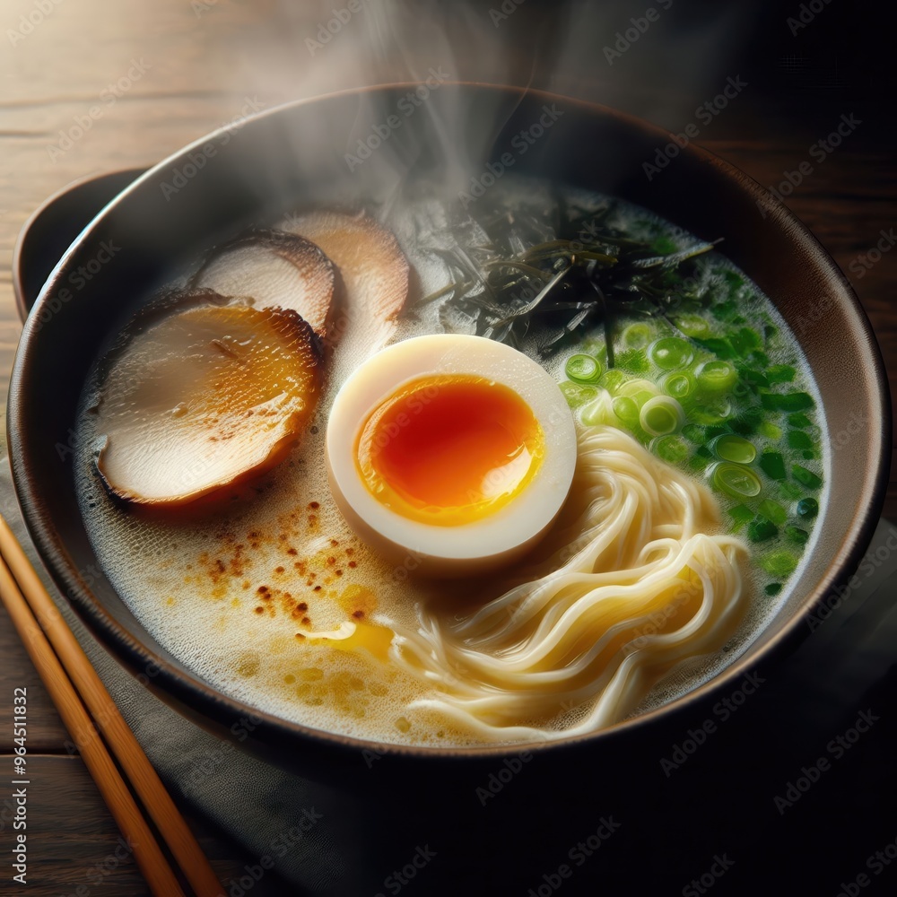 A steaming bowl of ramen featuring tender noodles, sliced pork, soft-boiled egg, and fresh greens, perfect for food lovers and culinary businesses. A steaming bowl of ramen featuring tender noodles, sliced pork, soft-boiled egg, and fresh greens, perfect for food lovers and culinary businesses.