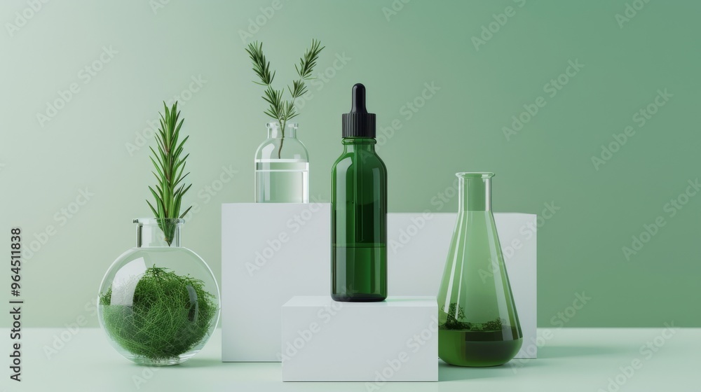 An elegantly arranged collection of green glass bottles and flasks, accompanied by sprigs of herbs, exudes a sense of freshness and scientific experimentation. An elegantly arranged collection of green glass bottles and flasks, accompanied by sprigs of herbs, exudes a sense of freshness and scientific experimentation.