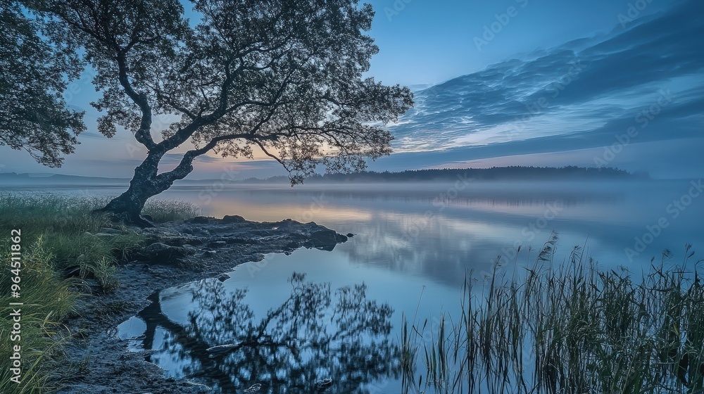 Serene Dawn Reflections: Tranquil Shoreline Embracing First Light Serene Dawn Reflections: Tranquil Shoreline Embracing First Light