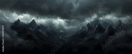 Dramatic dark clouds cover a mountain range, a ray of light breaks through, creating a dramatic and ominous scene.