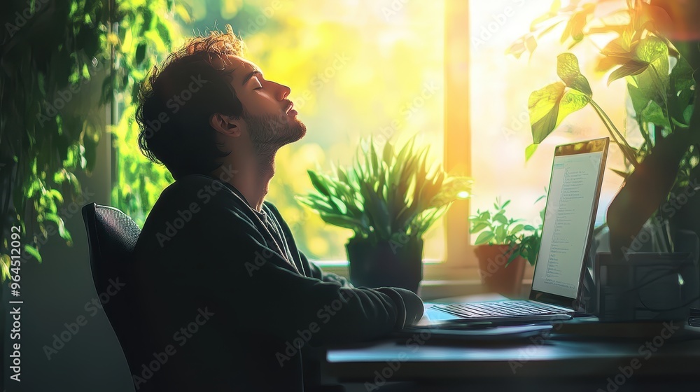 A person taking deep breaths at their desk, eyes closed, sunlight hitting their face, blurred greenery outside the window, photorealistic. A person taking deep breaths at their desk, eyes closed, sunlight hitting their face, blurred greenery outside the window, photorealistic.