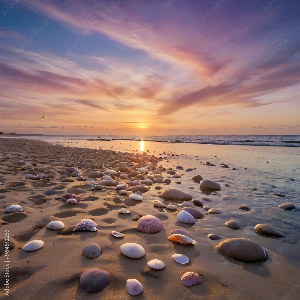 Obraz premium The sky is painted in shades of soft orange, pink, and purple, gradually fading into a deep blue as night approaches. 