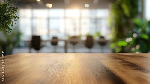 Wooden Tabletop in Modern Office with Blurred Background