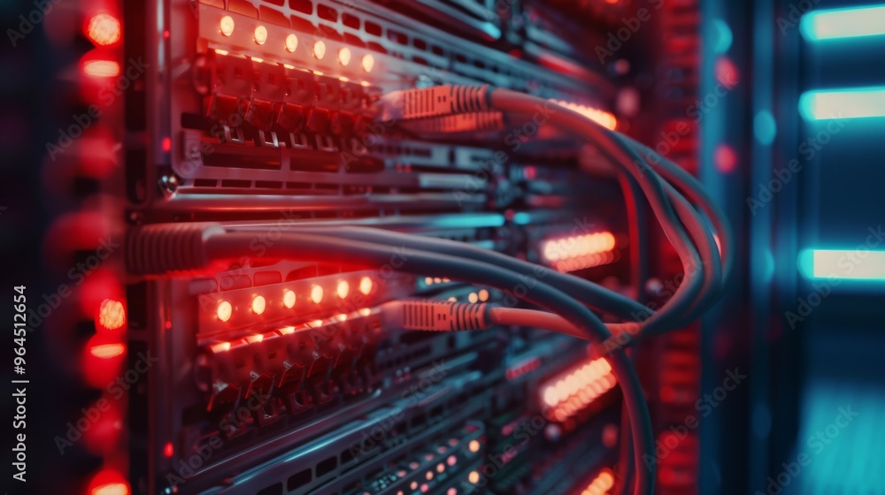 An array of servers glowing with red lights and connected with cables, illustrating a high-tech data center environment. An array of servers glowing with red lights and connected with cables, illustrating a high-tech data center environment.