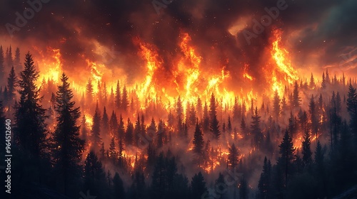 Wildfire consuming a dense forest 