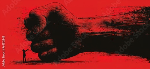 A small person stands before a giant fist, symbolizing power and oppression. The red background emphasizes the intensity of the scene.