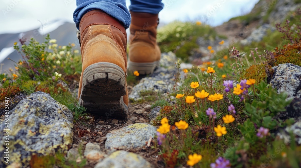 Close-up of Hiking Boots on Rocky Trail with Wildflowers and Moss | Outdoor Adventure and Exploration Concept Close-up of Hiking Boots on Rocky Trail with Wildflowers and Moss | Outdoor Adventure and Exploration Concept