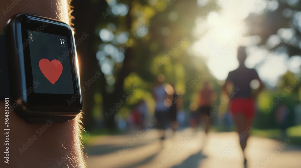 Fototapeta premium Close-up of a smartwatch showing heart rate, with a blurred background of people jogging in a park, photorealistic, high contrast, modern technology.