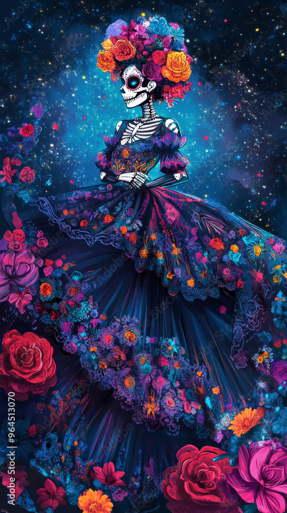 Fototapeta premium Graceful Calavera in Floral Dress. Floral Shadows Days Of The Dead - Vibrant and Symbolic Illustrations 