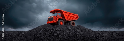 Red heavy-duty dump truck on a mound of coal under dark stormy sky, showcasing industrial power and rugged construction equipment.